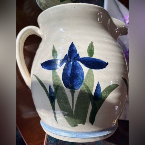 VTG Blue Iris Pottery Pitcher/Vase w Creamy Glaze on Large Ceramic Stoneware - Picture 9 of 13